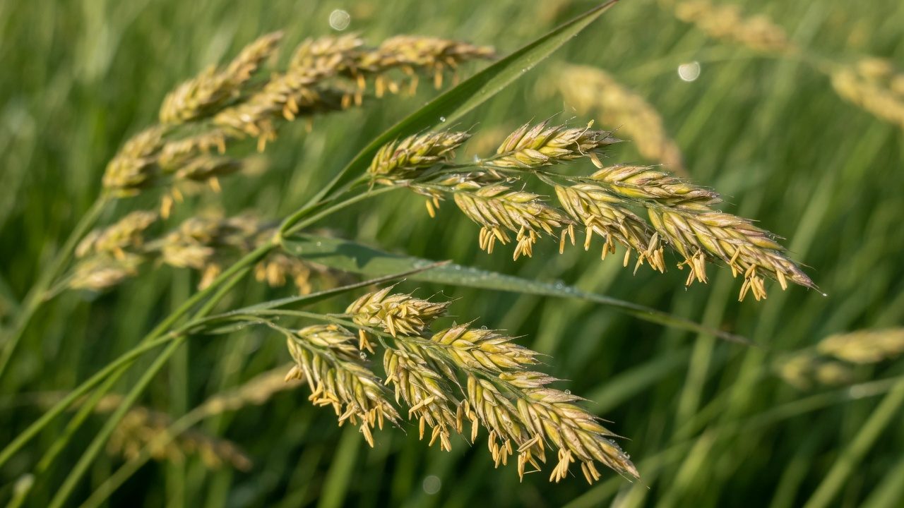 Forage grass seed heads in a pasture, shown as an illustration of forage seed production.